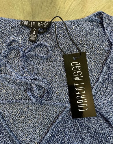 NWT DollsKill Current Mood Magic Cove Sparkle Blue Bell Sleeve Crop Knit Top S - Picture 6 of 12