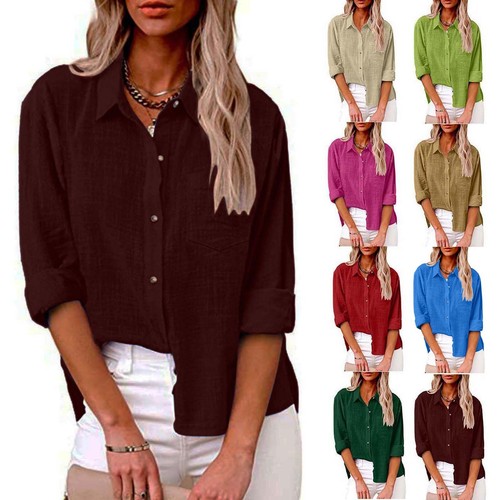 Womens Button Down Shirt Casual Long Sleeve Solid Color Loose Blouse with Pocket
