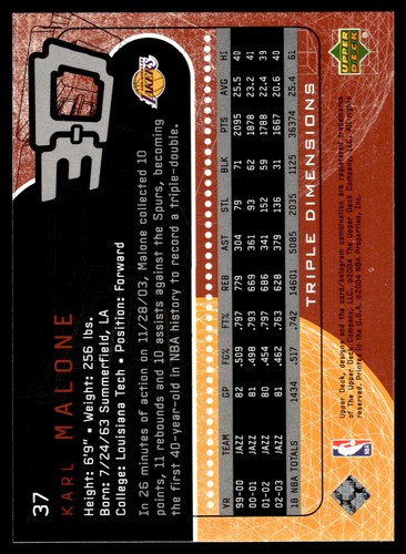 2003-04 Upper Deck Triple Dimensions #37 Karl Malone Los Angeles Lakers - Imagen 2 de 2