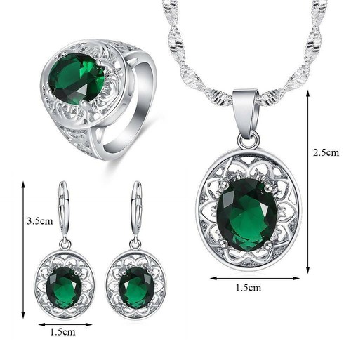 Women's Simulated Emerald Jewelry Set 925 Silver Pendant Necklace Earrings Ring - Picture 4 of 6