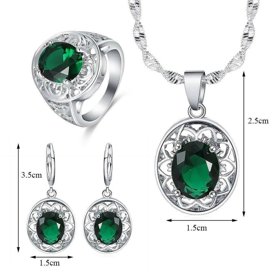 Women's Simulated Emerald Jewelry Set 925 Silver Pendant Necklace Earrings Ring - Image 4 of 4