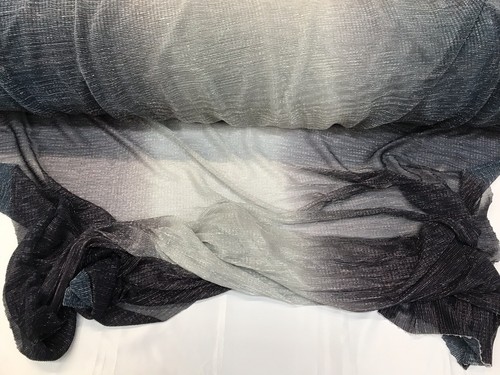 SILVER/MIDNIGHT BLUE OMBRÉ PLEATED METALLIC TREAD KNITTED SHEER FABRIC- YARD. - Picture 1 of 11