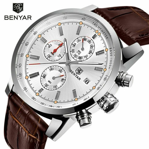 BENYAR Men's Business Quartz Wrist Watch Date Chronograph Dial Leather Watches - Picture 2 of 16