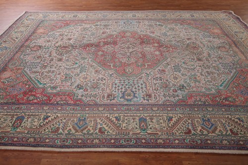 Geometrischer hellgrauer Wollteppich Tebriz Wohnzimmer Bereich 10x13 Vintage handgefertigter Teppich - Bild 13 von 19