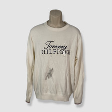  80 Tommy Hilfiger Men's Ivory Niles Logo Crew-Neck Pullover Sweater Size Large