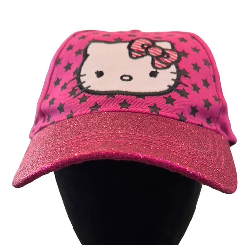 Hello Kitty Sanrio Glitter Stars Hot Pink Black Hat Cap Adjustable Youth Teen - Picture 8 of 8