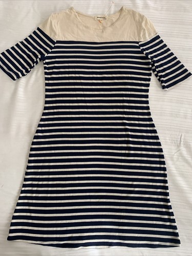 MONTEAU striped Navy Ivory LARGE dress Knit Pullover CUTE - Picture 1 of 5