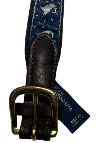 Vineyard Vines Canvas Club Belt Swordfish Pattern Size 30 Solid Brass Buckle - Imagen 10 de 14