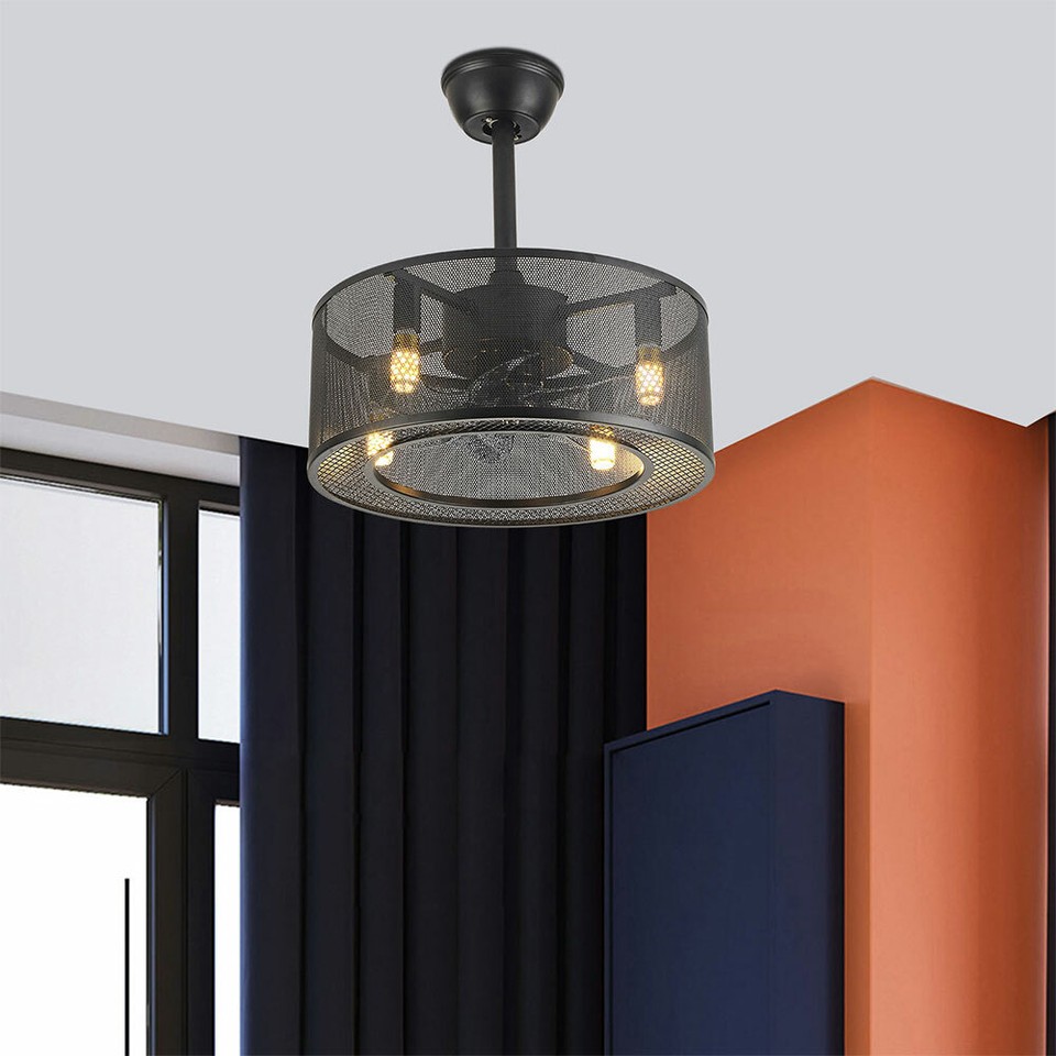 18" Metal Ceiling Fan Light w/ Remote Control Caged Drum Chandelier