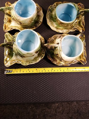 Vintage Giappone tazza da tè piattino conchiglia ostrica guscio verde blu lotto di 4 - Foto 11 di 12