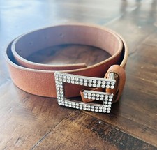 Guess Y2K Icy Rhinestone Logo Belt Buckle Tan Leather SMALL