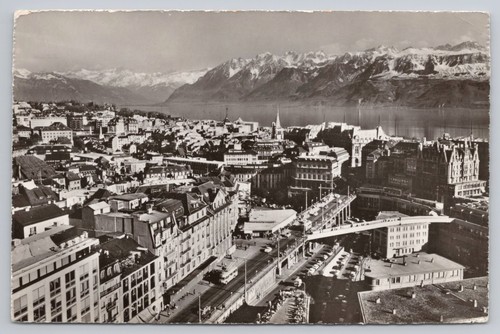 Luftaufnahme Lausanne Schweiz Le Grand Pont et les Alpes 1961 RPPC Echtfoto - Bild 1 von 2