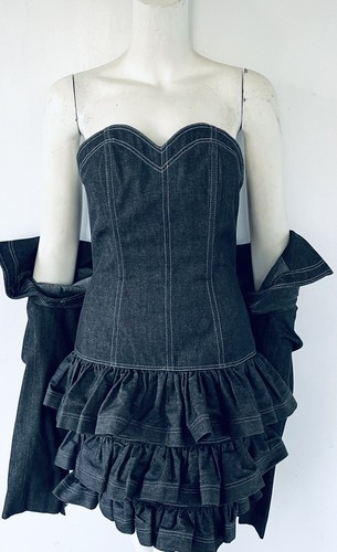 Vintage Patrick Kelly Paris 1980s Denim Strapless Ruffle Dress Matching Bolero - Picture 4 of 13