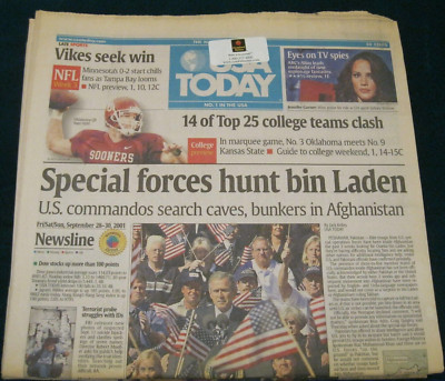 USA TODAY NEWSPAPER FRI, SAT, SUN SEP 28 - 30 2001 SPECIAL FORCES HUNT BIN LADEN