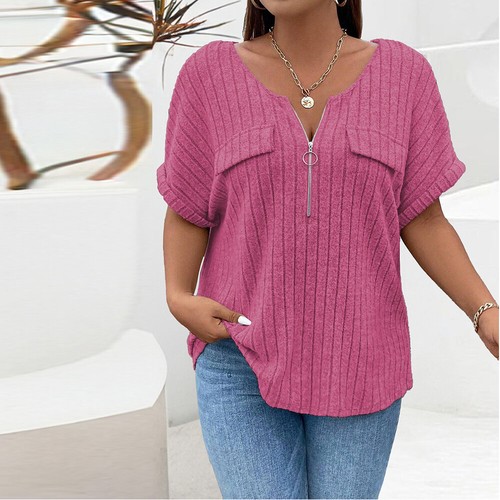 Frauen V-Ausschnitt Sommer Damen T-Shirt Bluse Kurzarm Tops Reißverschluss < - Bild 13 von 16