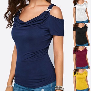 Women-Casual-Cold-Shoulder-Draped-Collar-Shirt-Short-Sleeve-Top-T-Shirt-P6