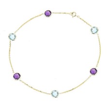 14K Yellow Gold Anklet With Blue Topaz and Amethyst Gemstones 9.5 Inches