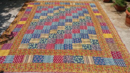 Colcha Floral Patchwork Kantha Algodón Estampado en Bloque Hecha a Mano India King L - Imagen 7 de 9