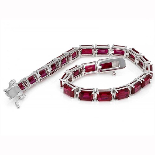 25.91 Ctw Emerald Cut Lab Created Ruby 14K White Gold Plated Tennis Bracelets - Picture 2 of 6