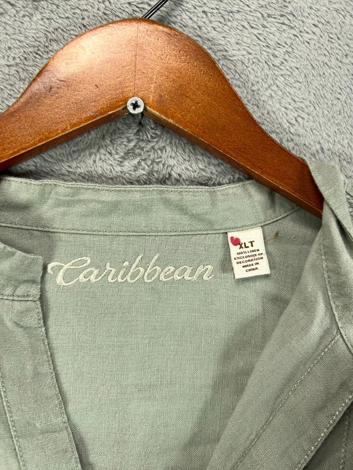 加勒比男式 XLT Sage 绿色亚麻带状普通话领长袖衬衫 — 第 3/4 张图片