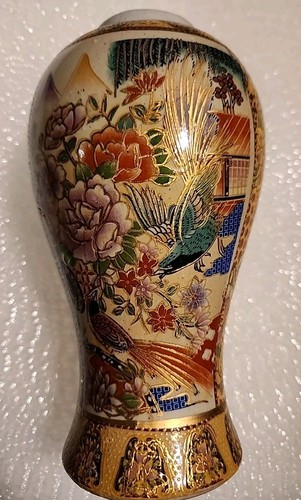 Japanese Satsuma VASE Art Deco oriental antique Asian VASE 8" GILT Birds Flowers - Picture 5 of 16