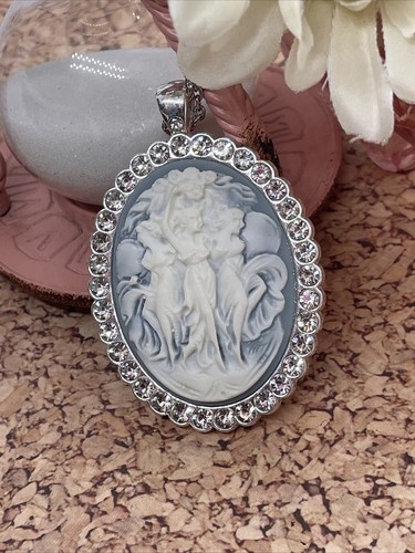 Anniversary Gift Blue Wedding White Cameo 3 Muses Dance Silver Crystal Necklace - Picture 4 of 11