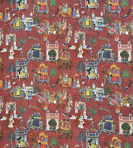 Jaipur Rusty Red Cotton Fabric Palm Trees Animals Horses Elephants Maharajah - Picture 8 of 9