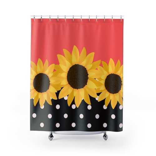 Sunflower on Pink, Black, White Polka Dots Shower Curtain, Fun Bright Bath Decor - Picture 3 of 5