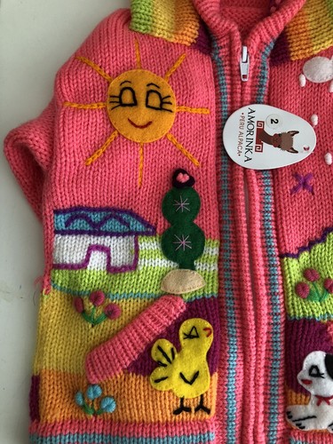 Kids Alpaca Hooded Zip Up Sweater Hand Embroidered New w/Tag Size 2 Made in Peru - Picture 2 of 5