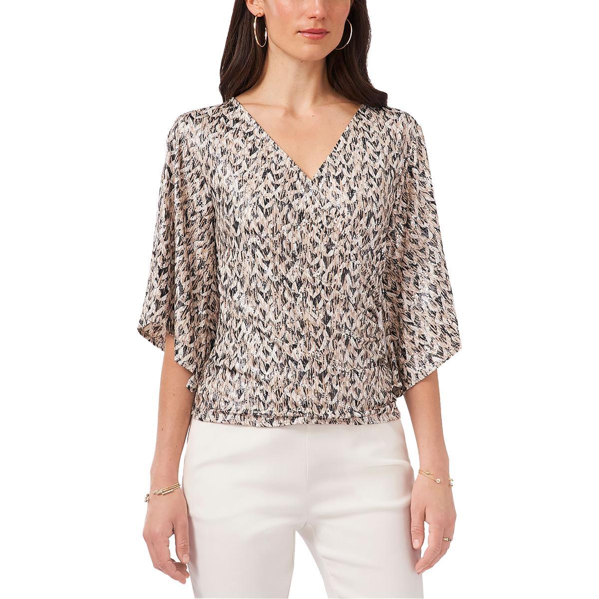 MSK Женская темно-серая приталенная блузка с искусственным запахом и мерцающим принтом Petites PL BHFO 7782