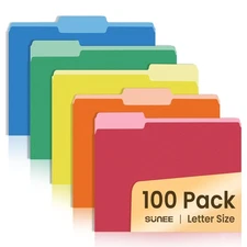 SUNEE 100pk Letter Size File Folders, Assorted Colors, 1/3-Cut, 8.5x11"