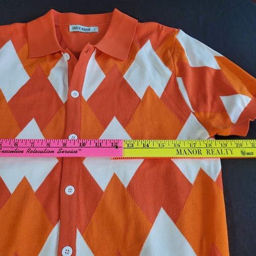 GRACE KARIN Mens S Short Sleeve Orange Argyle Golf Polo Shirts Casual Knitwear - Picture 8 of 10