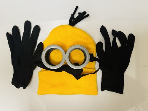3 Pc Minion Costume Accessory Set – Yellow Beanie Hat, Goggles & Black Gloves