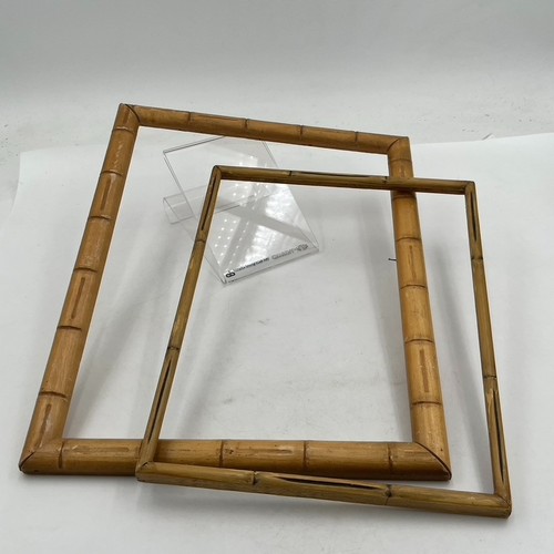2 VTG MCM Bamboo Picture Frame Hollywood Regency Tiki Tropical Stand Beach Decor