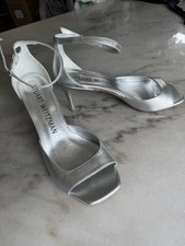 Stuart Weitzman Nudista Silver Leather Ankle Strap Sandal Shoes Sz 9