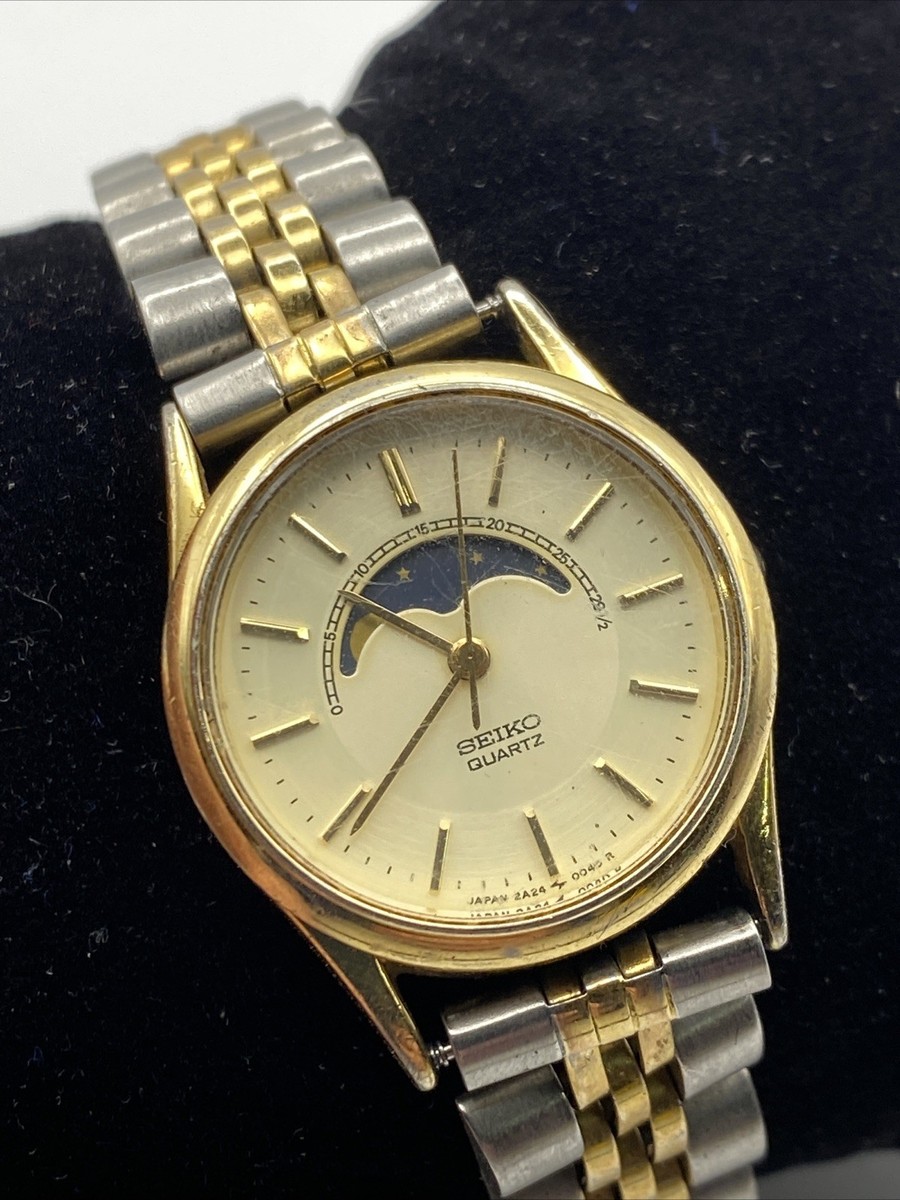 Seiko Women 2A24-0048 Dress Moon Phase Two Tone Quartz Analog 24mm