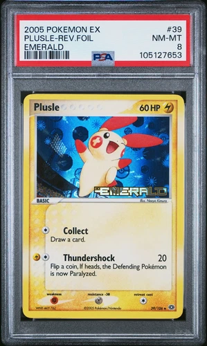 2005 POKEMON EX EMERALD #39 PLUSLE-REVERSE FOIL PSA 8