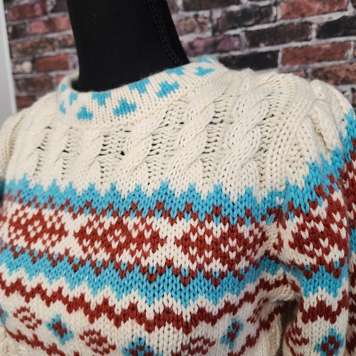 Maglione donna Fair Isle medio avorio maglia cavo sci lodge pescatore nordico M - Foto 6 di 15