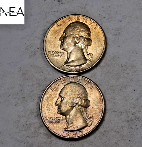 (2) 1947 Washington Quarter Set/Lot ~ Gem BU Rainbow Toned End Coins (ZQL77)