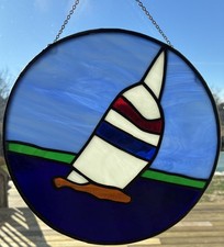 Hand Crafted Sailboat Real Stained Glass Hanging Nautical design 9" diameter