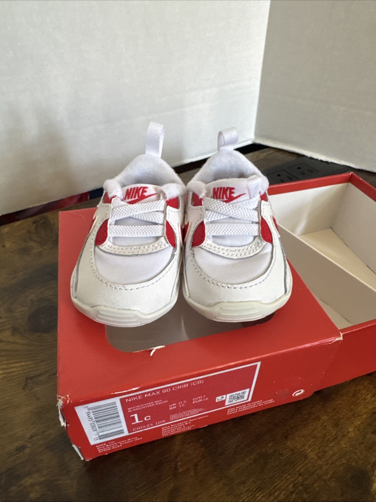 PONY Nike Max 90 Culla (CB) Scarpe Culla Bambino Rosso Bianco Nuove Taglia 1c