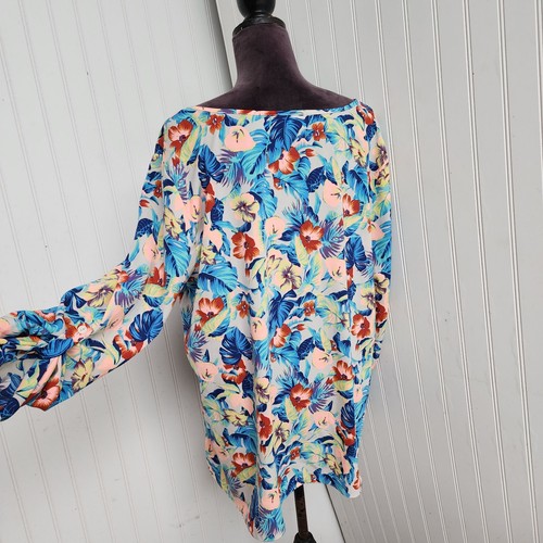 Moa Moa Top Women's 1X Peach Blue Floral Round Neck Long Sleeve Blouse Top - Picture 8 of 11