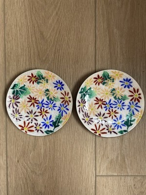 Ando Cloisonné Kupfer Schmuck Geschirr kleine Teller hell Blumen Design 2er Set.