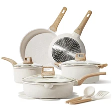 Stylish Cream White 14-Piece Nonstick Cookware Set with Utensils & Protectors