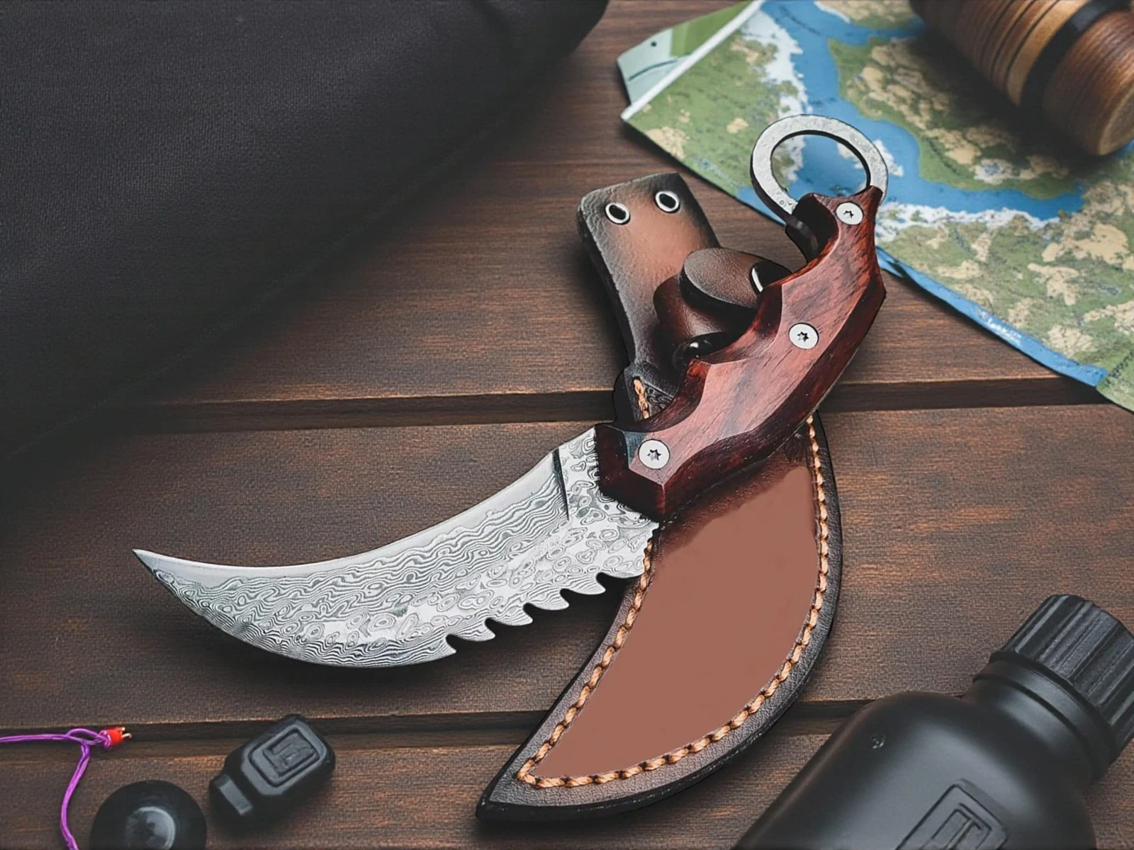 Custom Handmade Damascus Karambit Knife - Rosewood Handle, Ring Pommel, Serrated