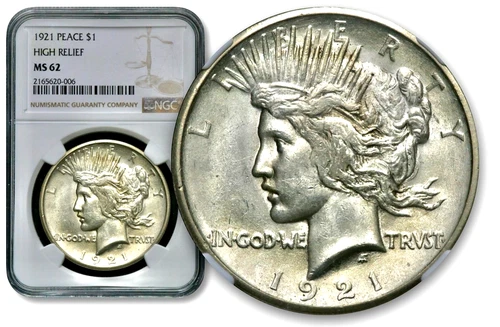 1921 Peace Silver One $1 Dollar - High Relief - NGC MS 62  CC857