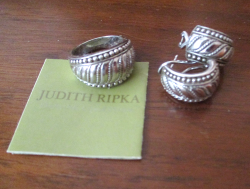 Judith Ripka Sterling Silver Ripped Rope Ring (6.5) & Omega Back Earrings Set