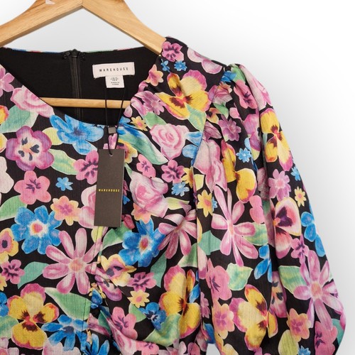 Warehouse Black Floral Puff Sleeve Ruched Mini Dress – UK 12 - Picture 2 of 6