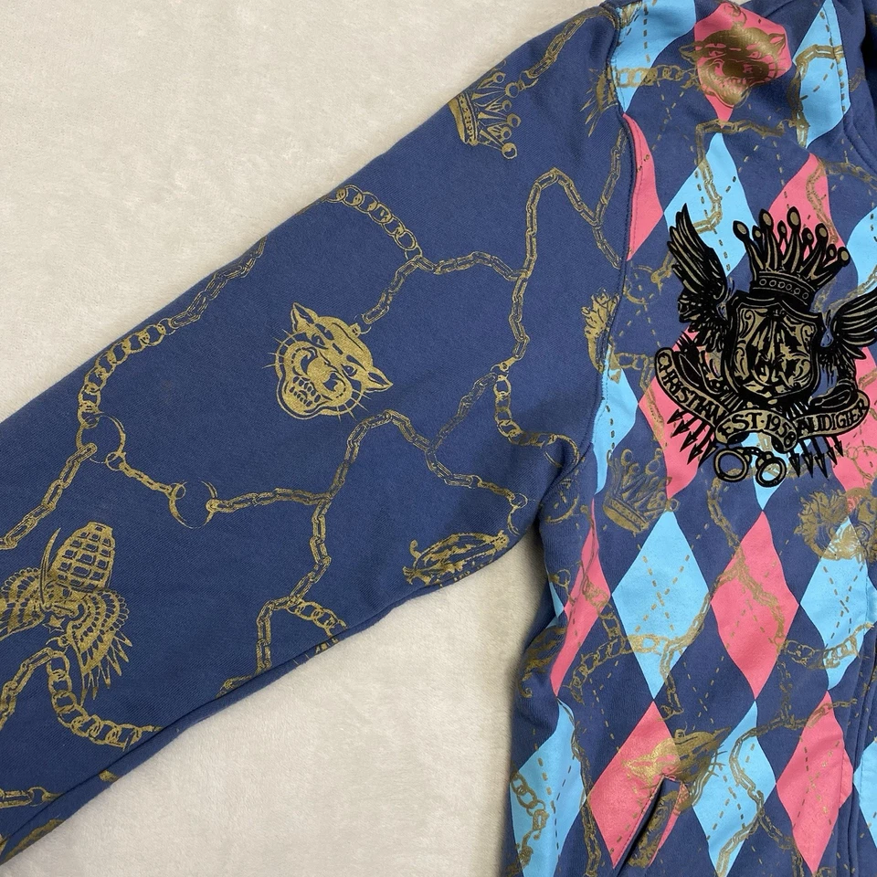 Christian Audigier Argyle Vintage Y2K Cremallera Completa Satén Sudadera con Capucha XL Foto 2 de 4