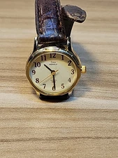 TIMEX Gold/Silver-Tone Indiglo Quartz Watch w/ Brown Leather Strap Needs Battery